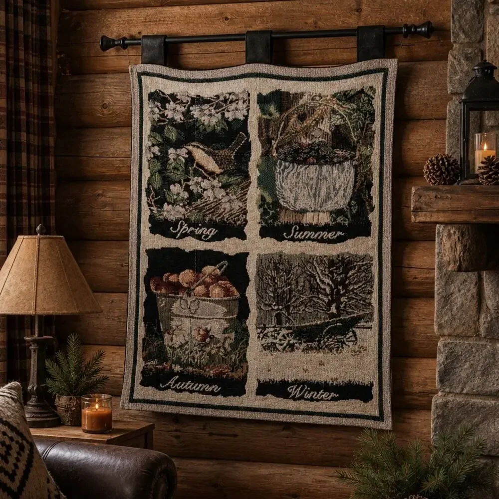 Vintage Bob Timberlake Seasons Tapestry Wall Hanging Art Flag Cottage Rustic